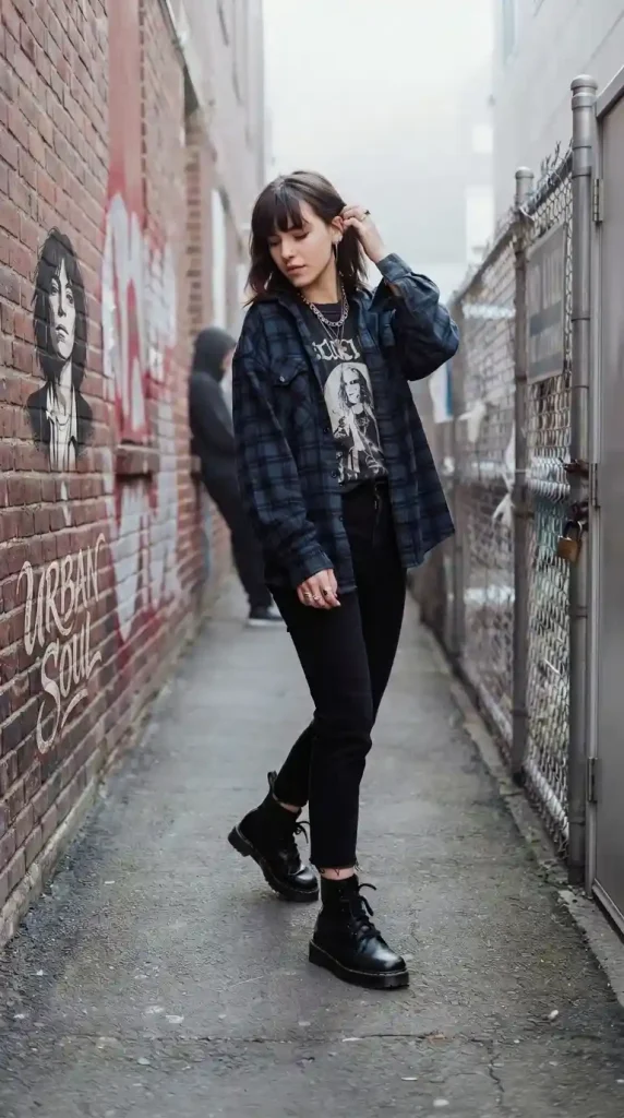 Navy-and-Black-Plaid-Shirt-with-Black-Skinny-Jeans-and-Silver-Accessories Navy and Black Plaid Shirt with Black Skinny Jeans and Silver Accessories