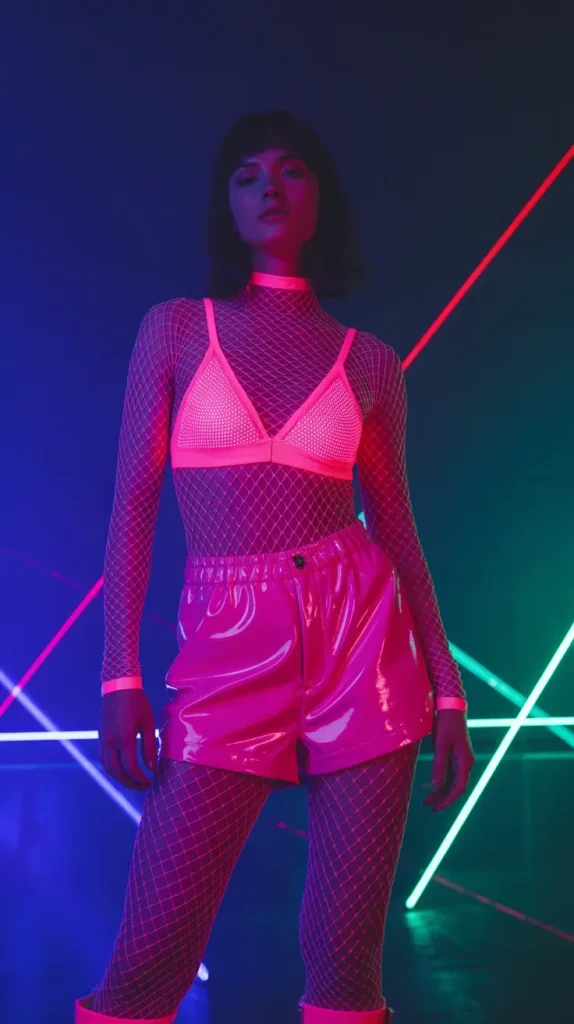 Neon-Pink-Bralette-Fishnet-Suit-With-Vinyl-Shorts Neon Pink Bralette Fishnet Suit With Vinyl Shorts