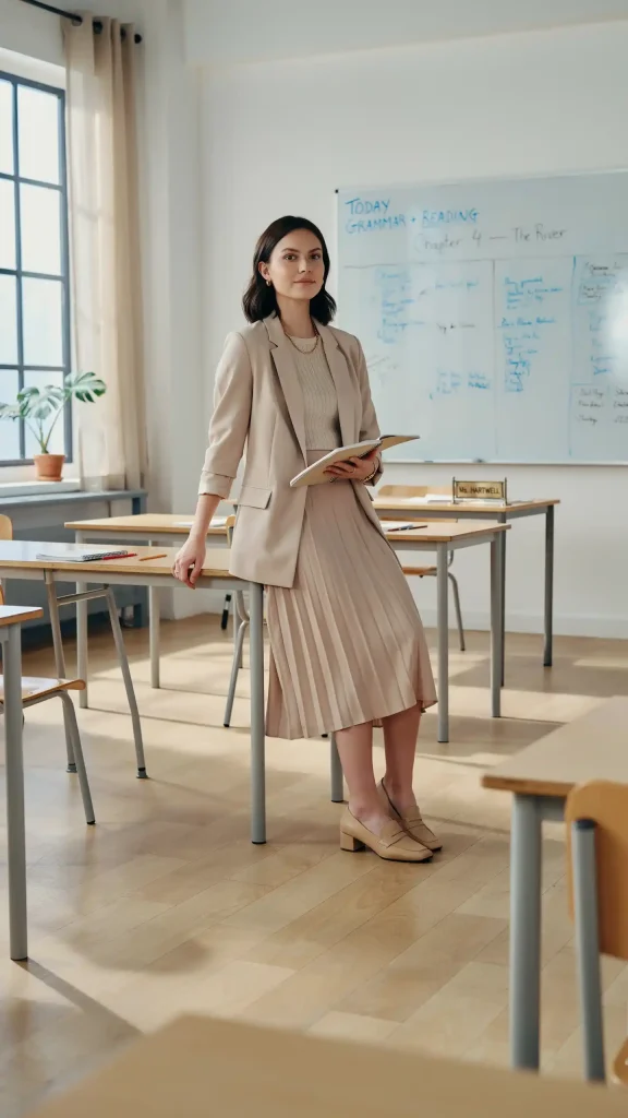 Neutral-Blazer-Midi-Skirt-Combo-Outfit Neutral Blazer with Midi Skirt Combo