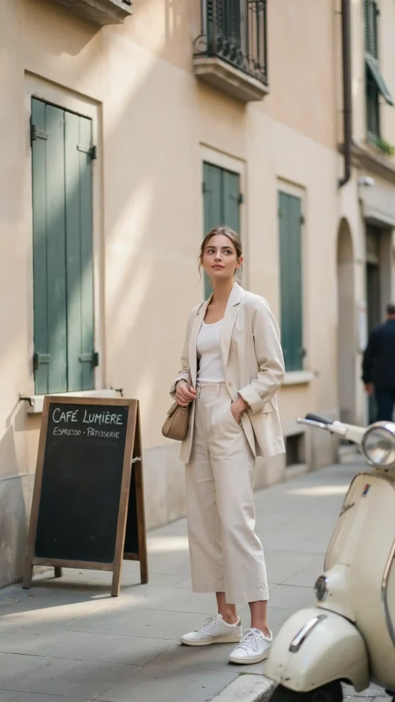 Neutral Monochrome Linen Co Ord Set With Street Sneakers