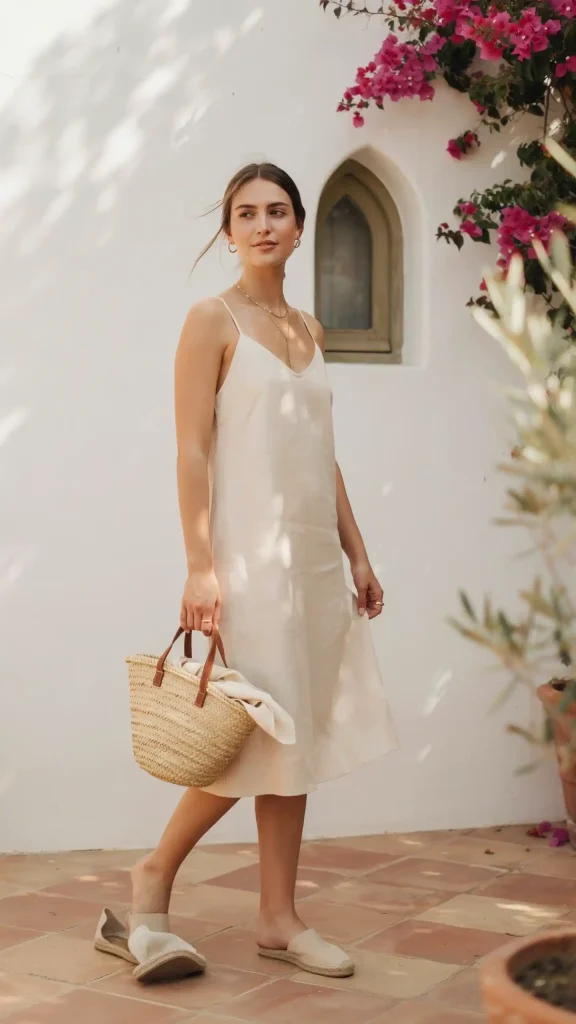 Nude-Linen-Slip-Dress-With-Minimal-Accessories Nude Linen Slip Dress With Minimal Accessories