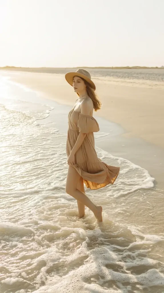 Off-Shoulder-Sundress-in-Sandy-Beige. Off-Shoulder Sundress in Sandy Beige