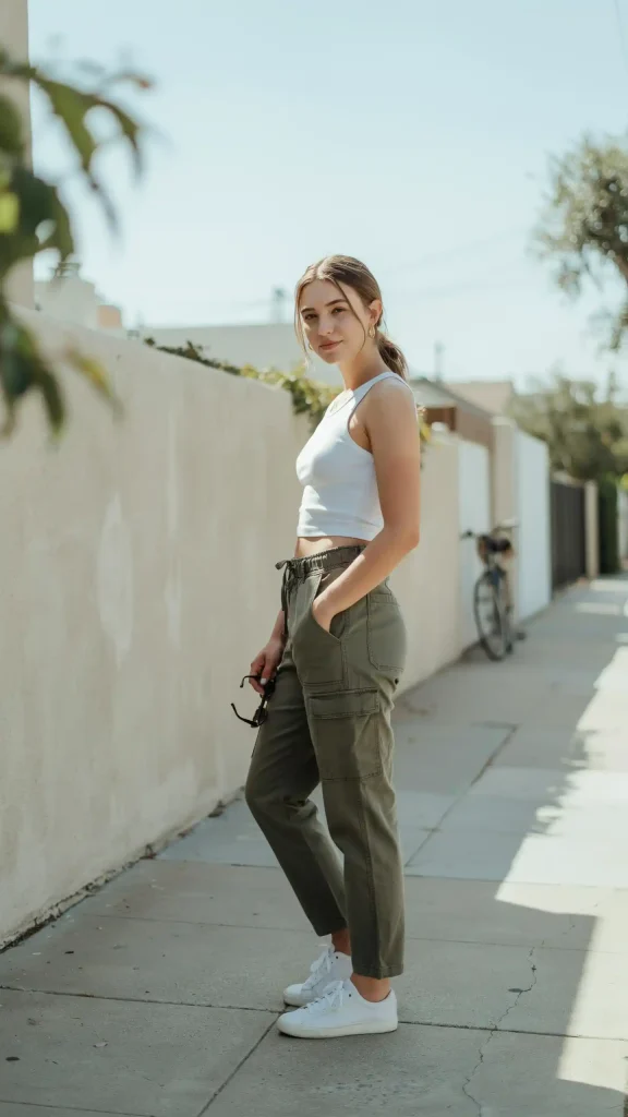 Olive-Green-Cargo-Pants-With-White-Ribbed-Crop-Tank-Outfit Olive Green Cargo Pants With White Ribbed Crop Tank Outfit