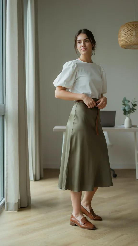 Olive-Green-Midi-Skirt-With-a-White-Puff-Sleeve-Blouse Olive Green Midi Skirt With a White Puff-Sleeve Blouse