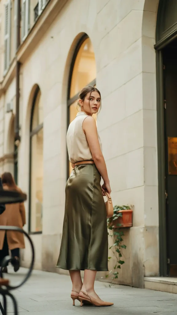 Olive-Green-Satin-Skirt-with-Beige-Sleeveless-Blouse Olive Green Satin Skirt with Beige Sleeveless Blouse
