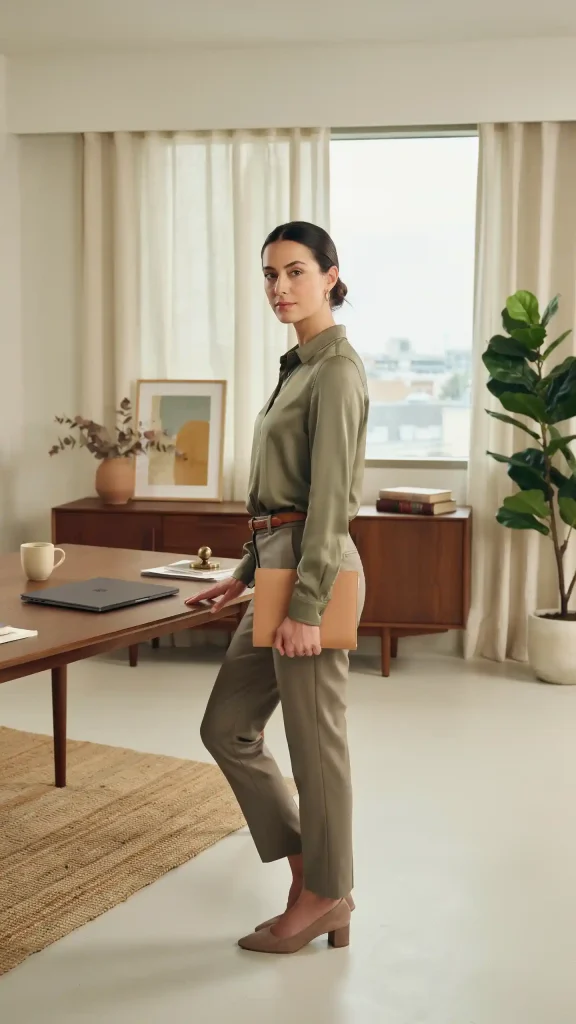 Olive-Green-Shirt-Trousers-Set-Chic-Utility-Workwear-Summer-Style Olive Green Shirt Trousers Set Chic Utility Workwear Summer Style
