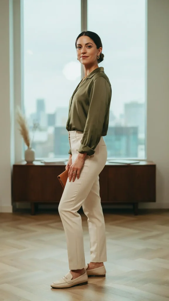Olive-Green-Silk-Blouse-With-High-Waist-Trousers-Look Olive Green Silk Blouse With High Waist Trousers Look