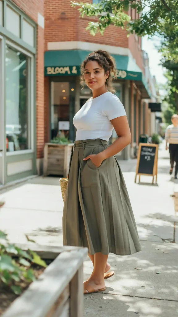 Olive Midi Cargo Skirt With White Fitted Tee