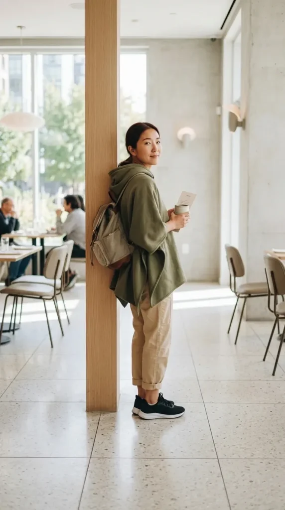 Olive-Poncho-Styled-with-Cargo-Pants-and-Sporty-Sneakers Olive Poncho Styled with Cargo Pants and Sporty Sneakers