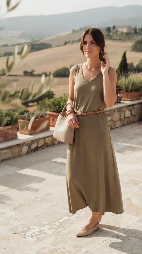 Olive-Sleeveless-Flowy-Maxi-with-Braided-Leather-Belt Olive Sleeveless Flowy Maxi with Braided Leather Belt