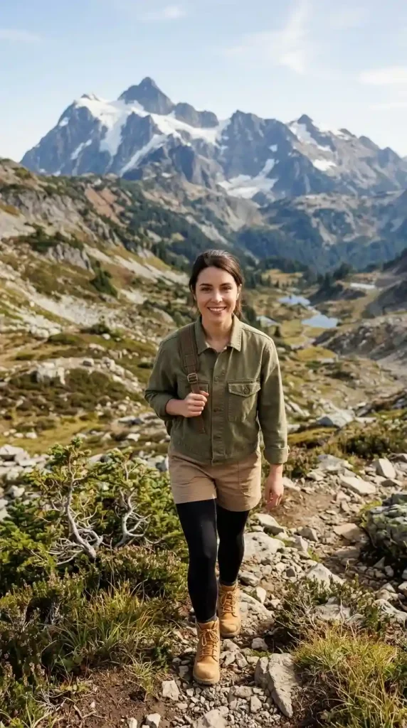 Olive-Utility-Jacket-With-Khaki-Cargo-Shorts-Over-Black-Leggings Olive Utility Jacket With Khaki Cargo Shorts Over Black Leggings