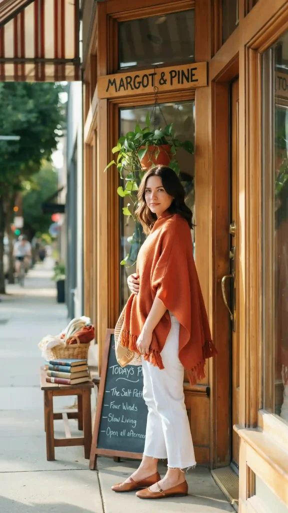 Orange-Poncho-Styled-with-White-Jeans-and-Chic-Flats Orange Poncho Styled with White Jeans and Chic Flats