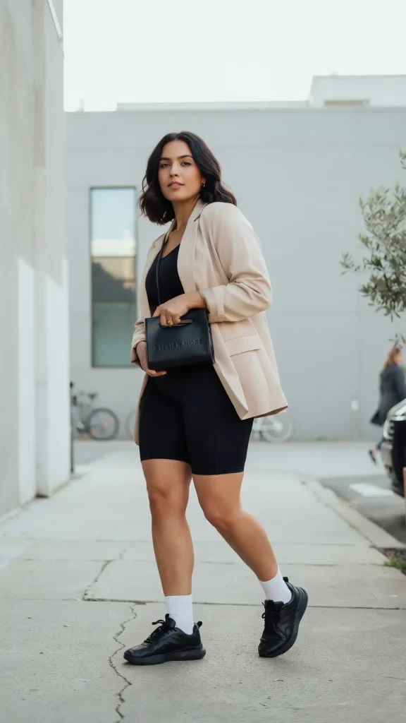Oversized-Beige-Blazer-and-Black-Bike-Shorts Oversized Beige Blazer and Black Bike Shorts