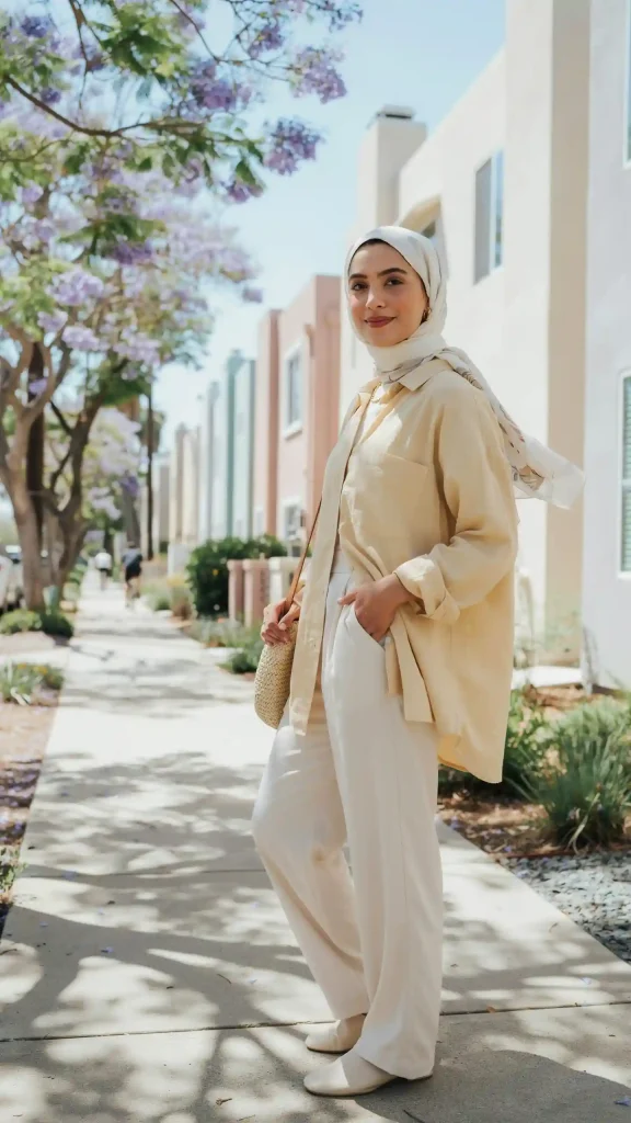 Pale-Yellow-Shirt-Dress-And-Off-White-Linen-Trousers-With-Matching-Hijab Pale Yellow Shirt Dress And Off White Linen Trousers With Matching Hijab