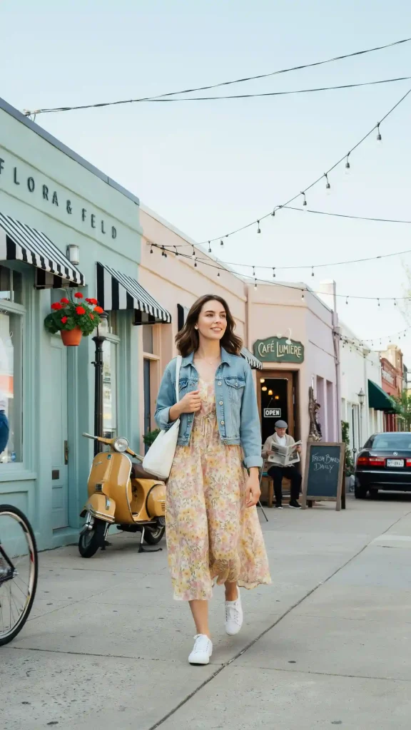 Pastel Floral Sundress With Light Blue Denim Jacket