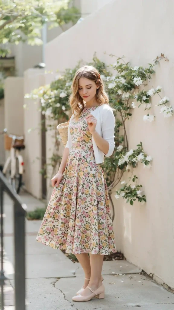 Pastel-Floral-Tea-Length-Print-With-White-Cardigan Pastel Floral Tea-Length Print With White Cardigan