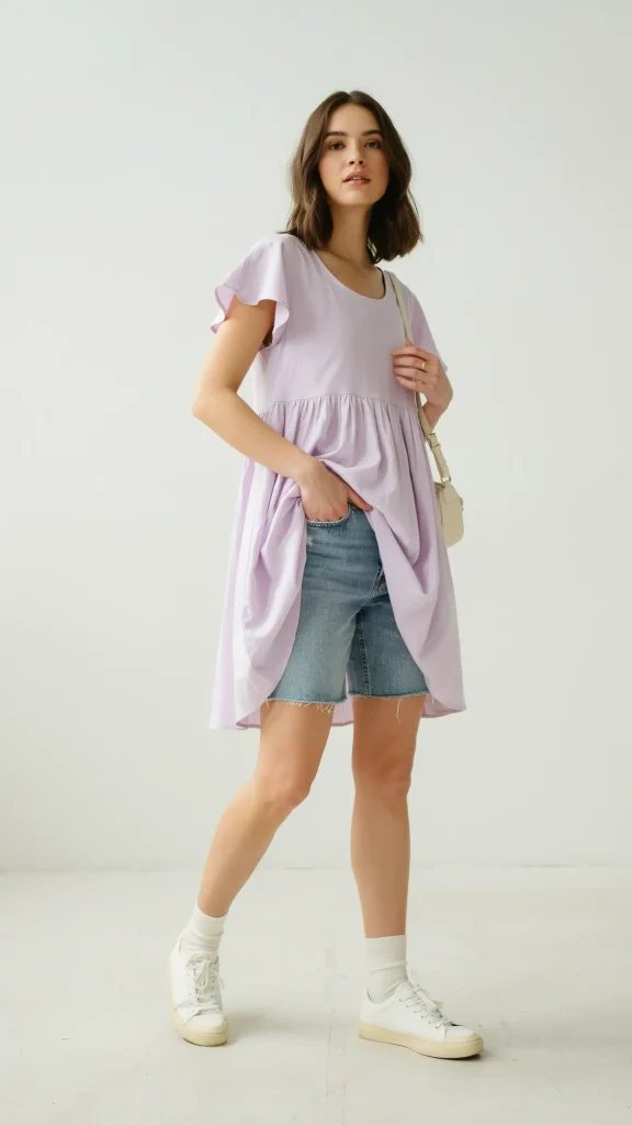 Pastel-Lavender-Babydoll-dress-Styled-with-Denim-Shorts Pastel Lavender Babydoll dress Styled with Denim Shorts