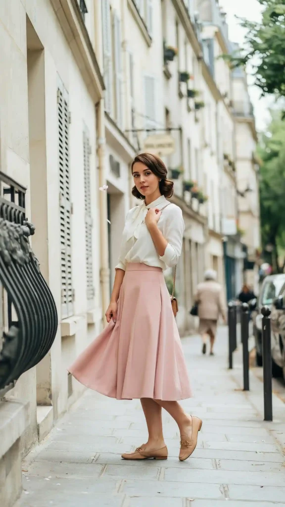Pastel-Pink-Midi-Skirt-Tucked-In-Blouse Pastel Pink Midi Skirt Tucked In Blouse