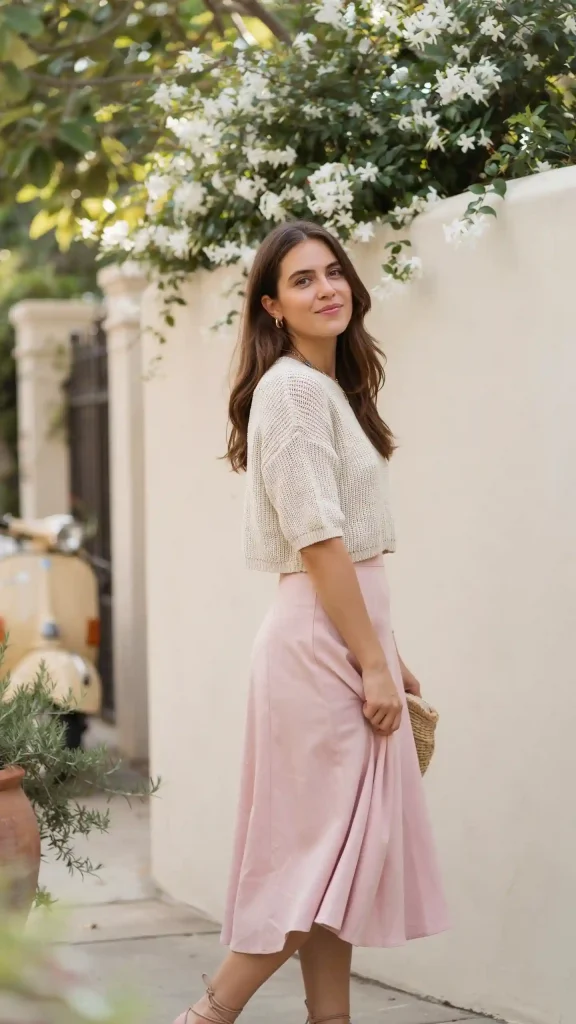 Pastel-Pink-Midi-Skirt-With-A-Cream-Knit-Top Pastel Pink Midi Skirt With A Cream Knit Top