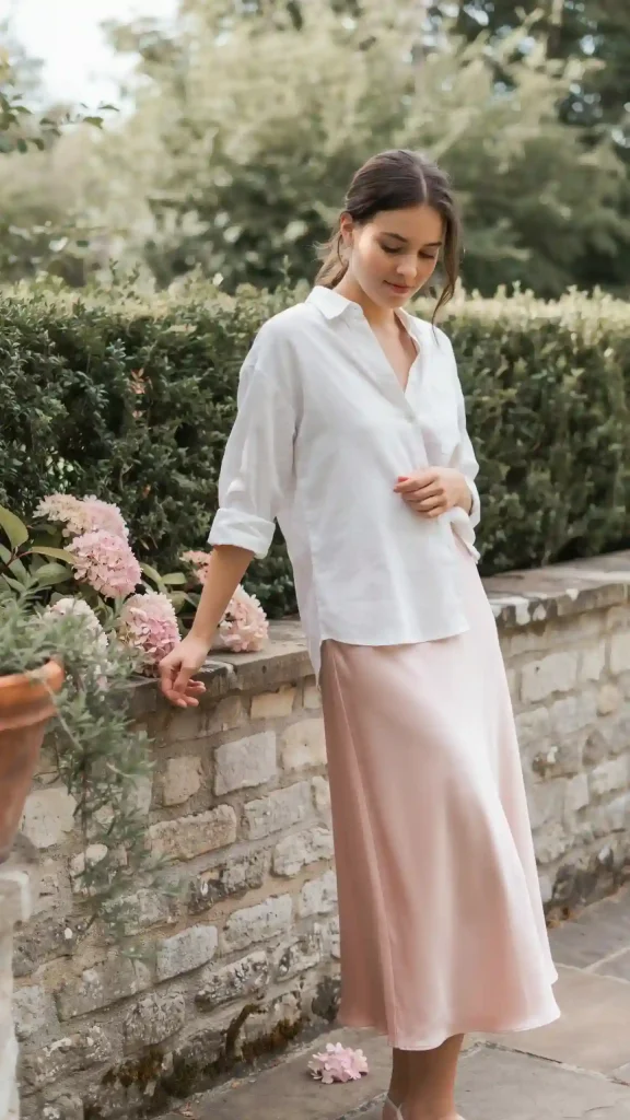 Pastel-Pink-Satin-Skirt-with-Crisp-White-Linen-Shirt Pastel Pink Satin Skirt with Crisp White Linen Shirt