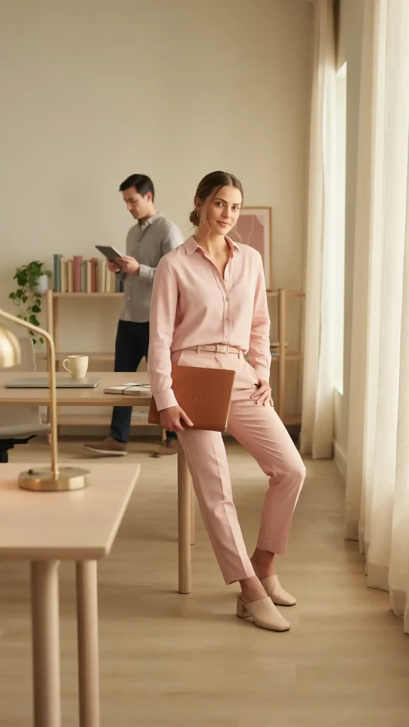 Pastel-Pink-Shirt-Trousers-Set-Soft-Feminine-Office-Summer-Look Pastel Pink Shirt Trousers Set Soft Feminine Office Summer Look