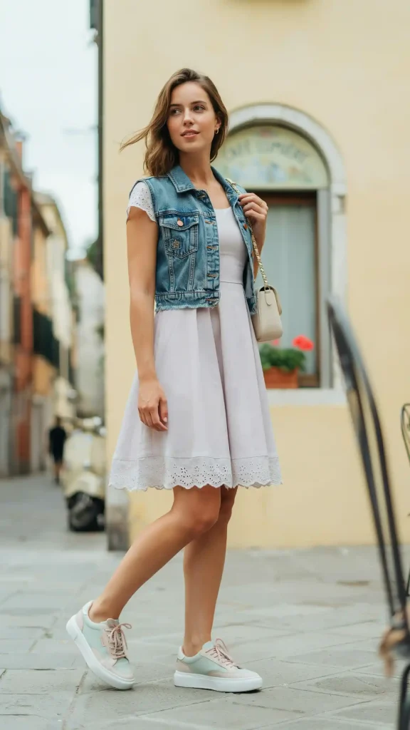 Pastel-White-Lavender-Babydoll-with-Denim-Vest Pastel White-Lavender Babydoll with Denim Vest