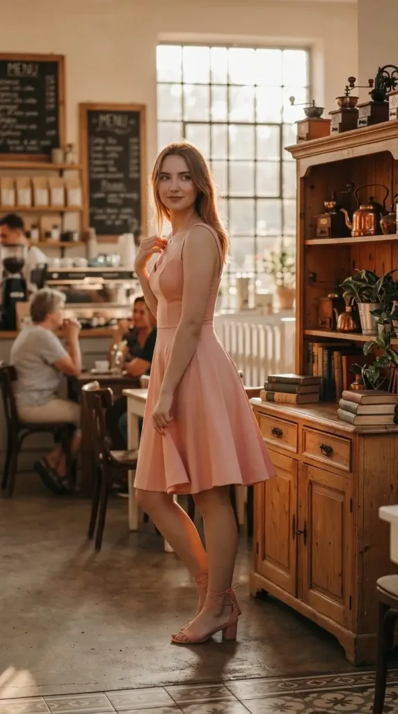 Peach-Babydoll-Dress-with-Soft-Coral-Sandals Peach Babydoll Dress with Soft Coral Sandals