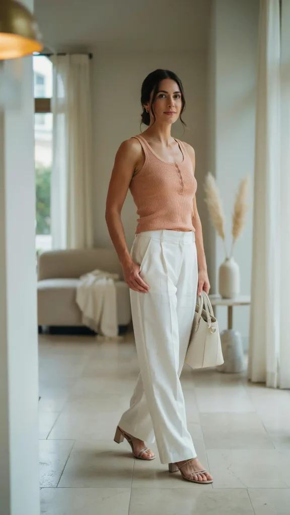 Peach-Button-Tank-Top-with-White-Wide-Leg-Linen-Trousers Peach Button Tank Top with White Wide Leg Linen Trousers