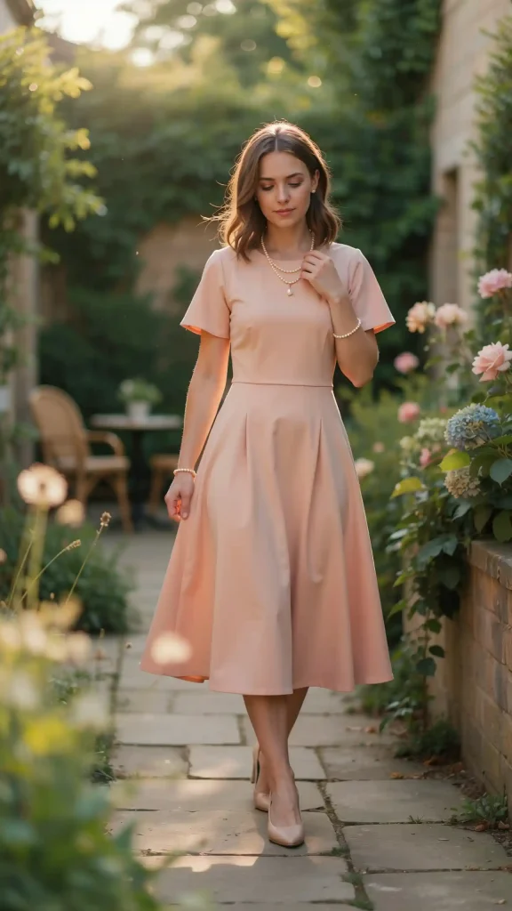 Peach-Dress-A-Line-Midi-Dress-With-Pearl-Jewellery-Neutral-Heels Peach Dress A-Line Midi Dress With Pearl Jewellery & Neutral Heels