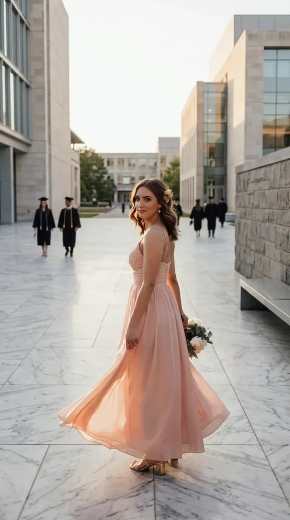 Peach Flowy Chiffon Maxi Dress With Gold Sandals