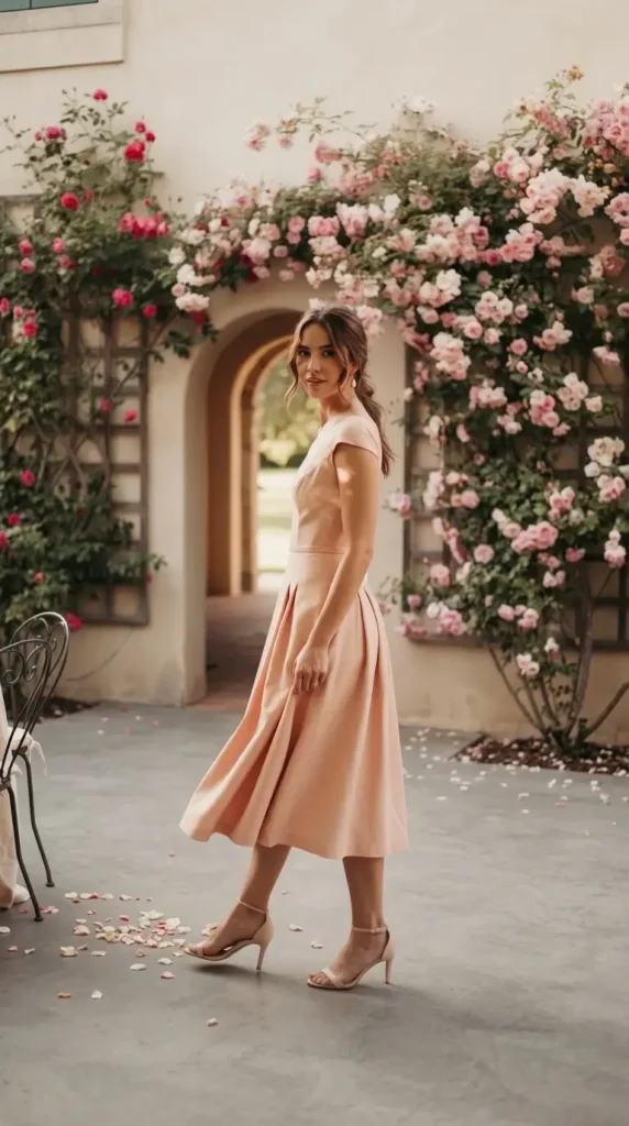 Peach-Midi-Dress-With-Strappy-Nude-Heels-In-a-Semi-Formal-Idea Peach Midi Dress With Strappy Nude Heels In a Semi Formal Idea