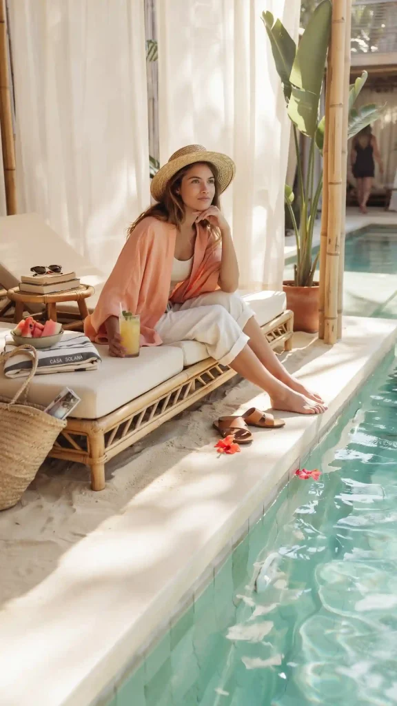Peach-Poncho-Styled-with-Linen-Shorts-and-Straw-Hat Peach Poncho Styled with Linen Shorts and Straw Hat