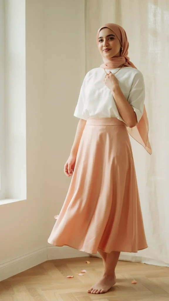 Peach-Satin-Skirt-Outfit-With-Feminine-Summer-Modest-Touch Peach Satin Skirt Outfit With Feminine Summer Modest Touch