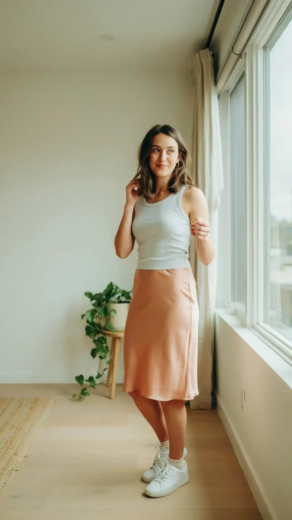 Peach-Slip-Skirt-Styled-with-a-Light-Gray-Tank-Top-and-White-Sneakers Peach Slip Skirt Styled with a Light Gray Tank Top and White Sneakers