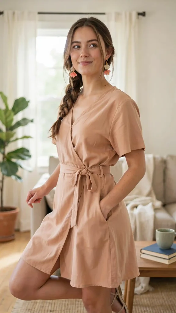 Peach-Wrap-Dress-with-Floral-Earrings-Soft-Feminine-Outfit-Look Peach Wrap Dress with Floral Earrings Soft Feminine Outfit Look