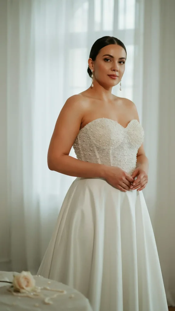 Pearl-Embellished-White-Strapless-Satin-Bridal-Gown Pearl Embellished White Strapless Satin Bridal Gown