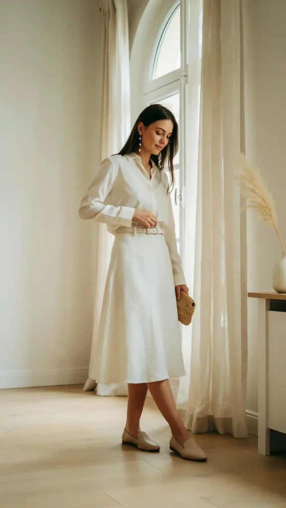 Pearl-White-Midi-Skirt-With-Structured-Blouse-Outfit Pearl White Midi Skirt With Structured Blouse Outfit