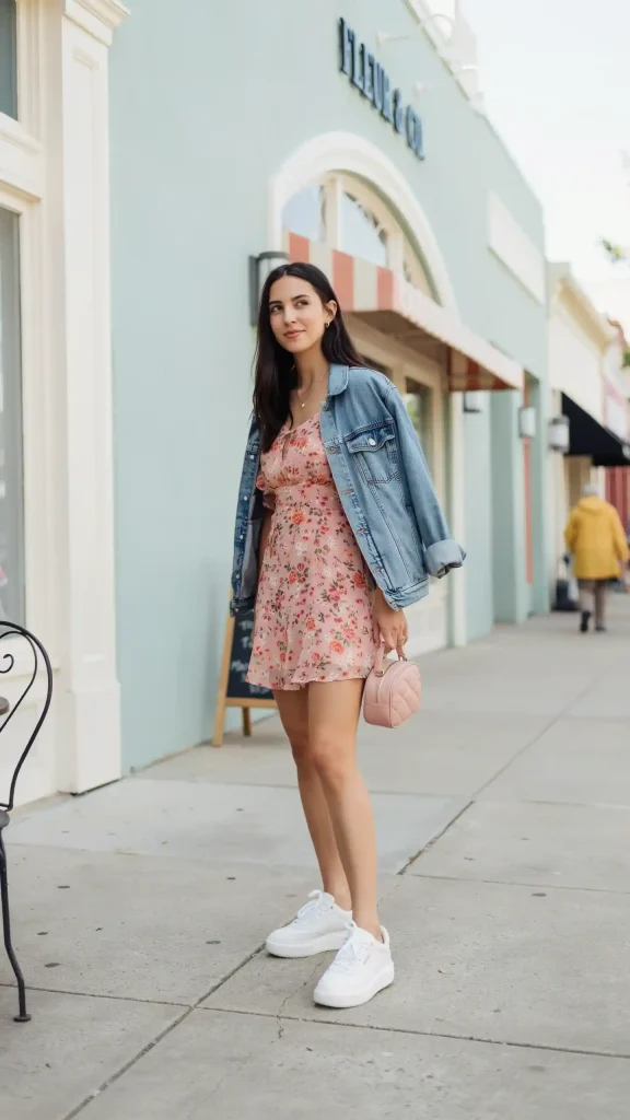 Pink Floral Mini Dress With Oversized Light Wash Denim