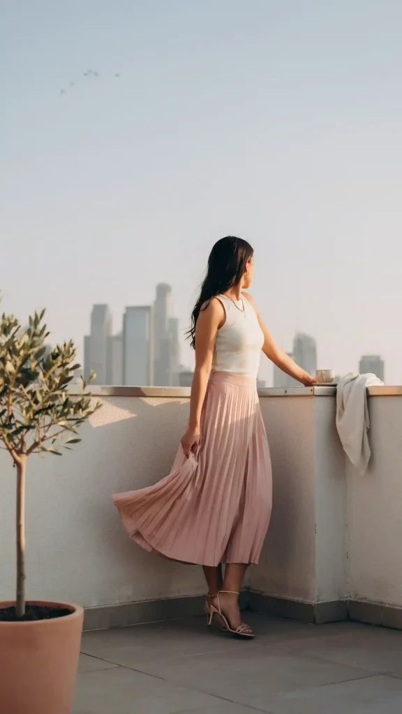 Pink-Pleated-Midi-Skirt-With-White-Tank-Top Pink Pleated Midi Skirt With White Tank Top