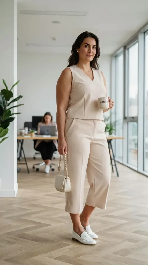 Plus-Size-Beige-Sleeveless-Top-With-Matching-Tailored-Culottes-Pants Plus Size Beige Sleeveless Top With Matching Tailored Culottes Pants