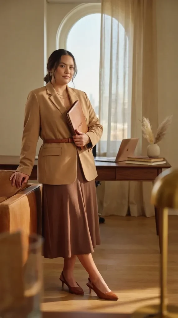 Plus Size Camel Blazer With Soft Brown Midi Skirt