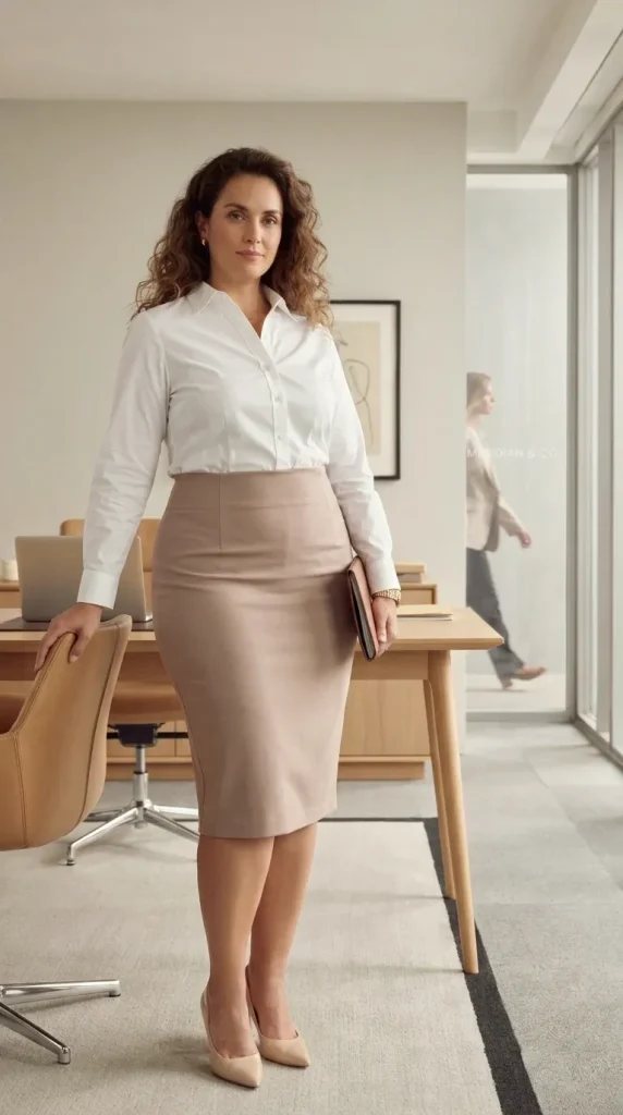 Plus-Size-Crisp-White-Button-Down-With-Taupe-Pencil-Skirt Plus Size Crisp White Button Down With Taupe Pencil Skirt