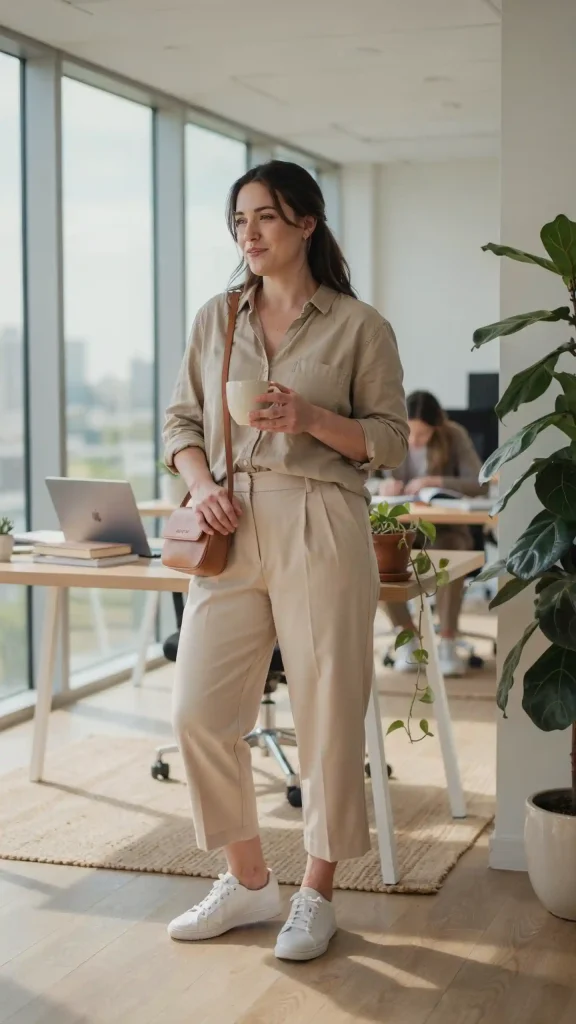 Plus-Size-Light-Khaki-Button-Down-Shirt-With-Beige-Culotte-Pants Plus Size Light Khaki Button-Down Shirt With Beige Culotte Pants