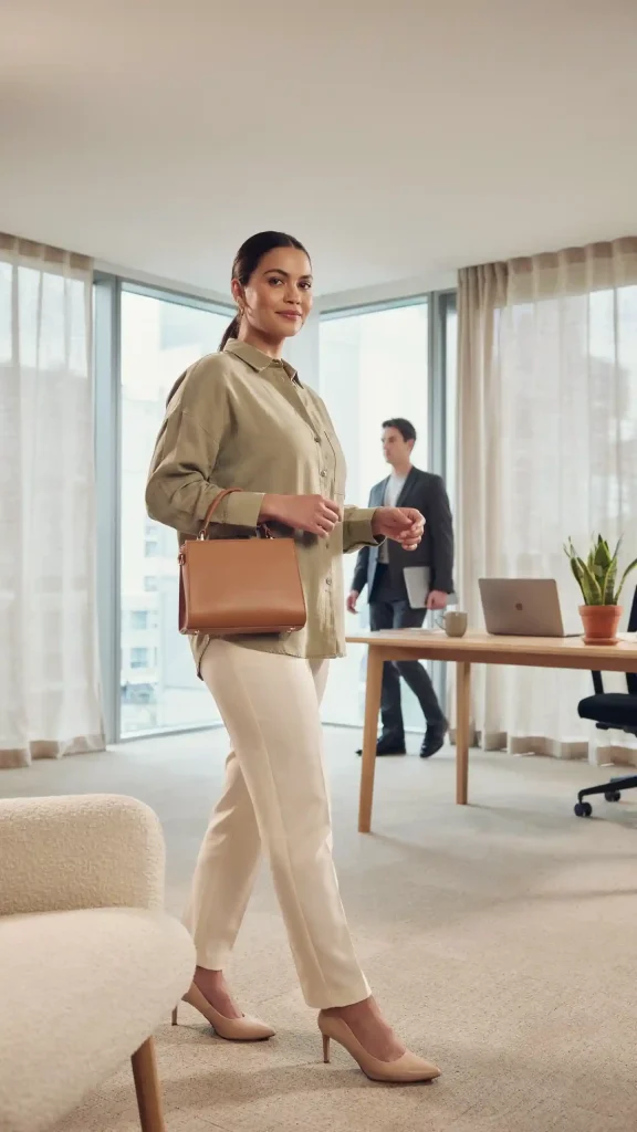 Plus-Size-Light-Olive-Button-Down-Shirt-With-Cream-Tailored-Straight-Leg-Pants. Plus Size Light Olive Button-Down Shirt With Cream Tailored Straight-Leg Pants