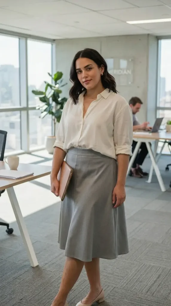 Plus-Size-Off-White-Button-Down-Shirt-With-Grey-Neutral-A-Line-Midi-Skirt Plus Size Off White Button-Down Shirt With Grey Neutral A-Line Midi Skirt