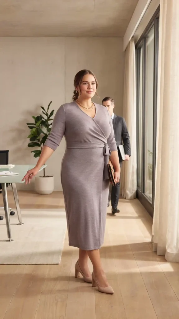 Plus-Size-Outfit-In-Soft-Grey-Wrap-Dress-With-Minimal-Accessories Plus Size Outfit In Soft Grey Wrap Dress With Minimal Accessories