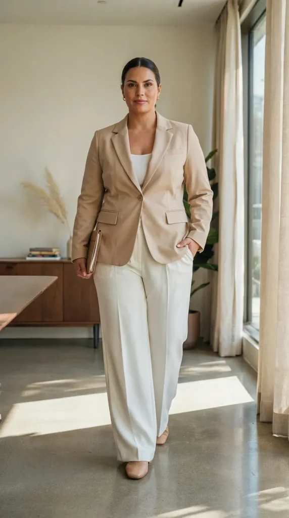 Plus-Size-Sand-Beige-Structured-Blazer-With-White-Flowy-Wide-Leg-Trousers Plus Size Sand Beige Structured Blazer With White Flowy Wide-Leg Trousers