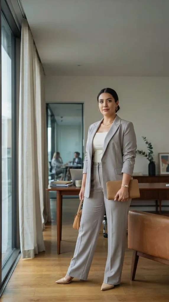 Plus Size Soft Grey Suit With Lightweight Sleeveless Top