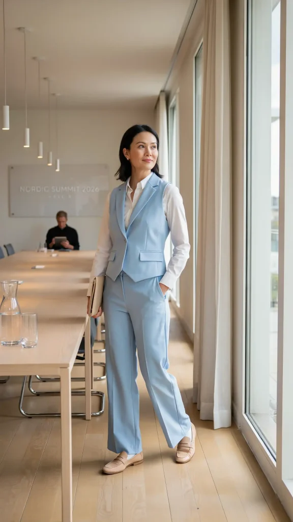Powder-Blue-Tailored-Vest-With-White-Shirt-Underneath-And-Wide-Leg-Pants Powder Blue Tailored Vest With White Shirt Underneath And Wide Leg Pants