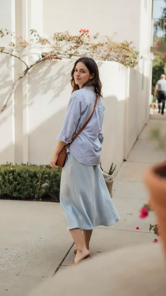 Powdered-Blue-Satin-Skirt-with-Blue-and-White-Striped-Cotton-Shirt Powdered Blue Satin Skirt with Blue and White Striped Cotton Shirt